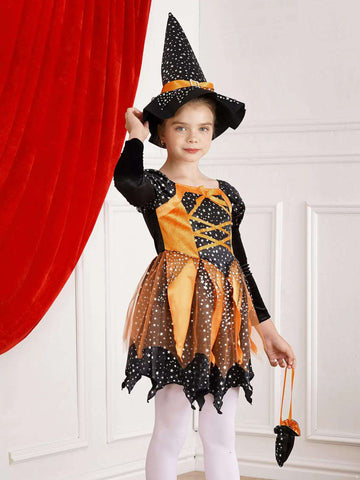 Kids Girls 3pcs Halloween Witch Shiny Stars Dress with Hat and Handbag