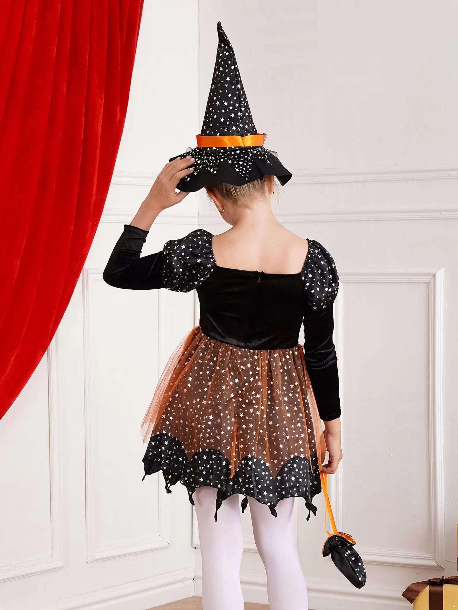 Kids Girls 3pcs Halloween Witch Shiny Stars Dress with Hat and Handbag