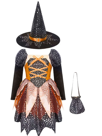 Kids Girls 3pcs Halloween Witch Shiny Stars Dress with Hat and Handbag