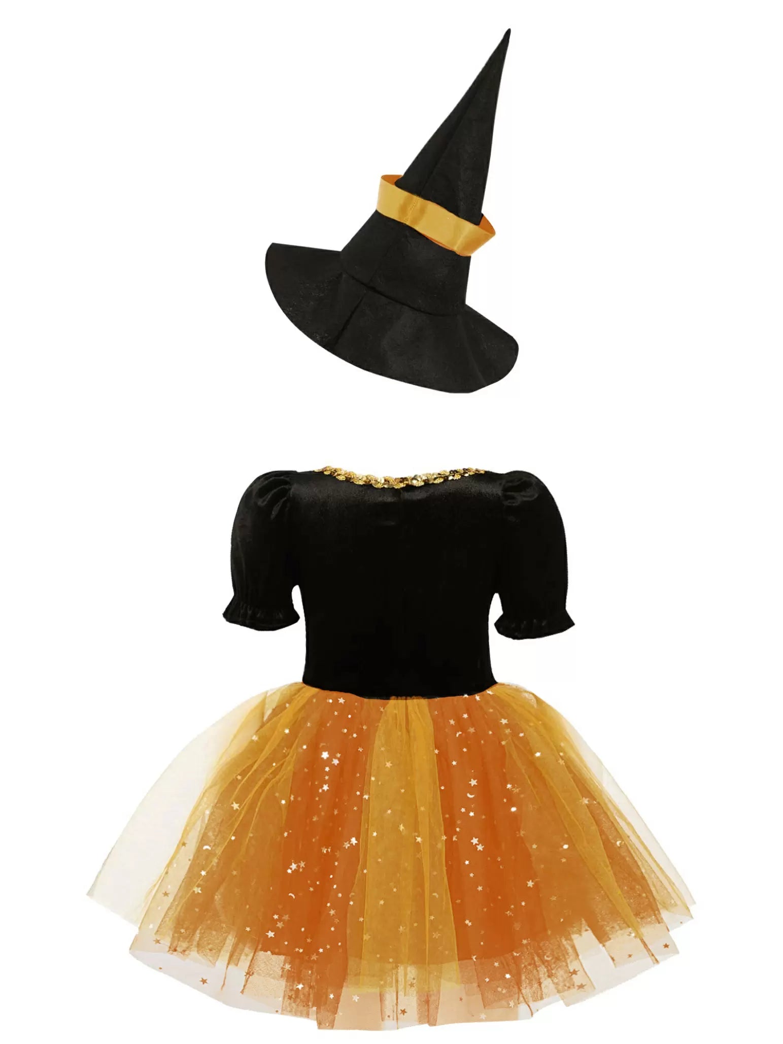 Kids Girls Short Sleeve Sequins Witch Costume Tutu Dress with Hat