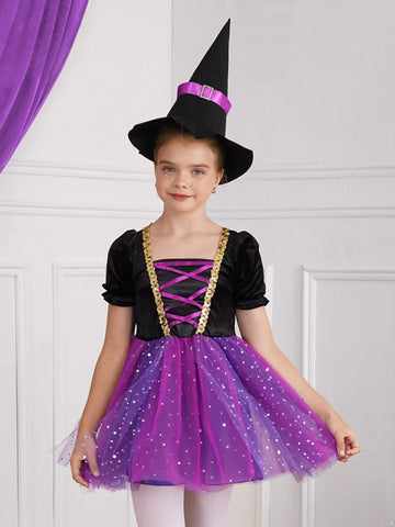 Kids Girls Short Sleeve Sequins Witch Costume Tutu Dress with Hat