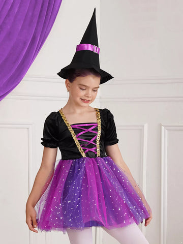 Kids Girls Short Sleeve Sequins Witch Costume Tutu Dress with Hat