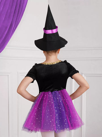 Kids Girls Short Sleeve Sequins Witch Costume Tutu Dress with Hat