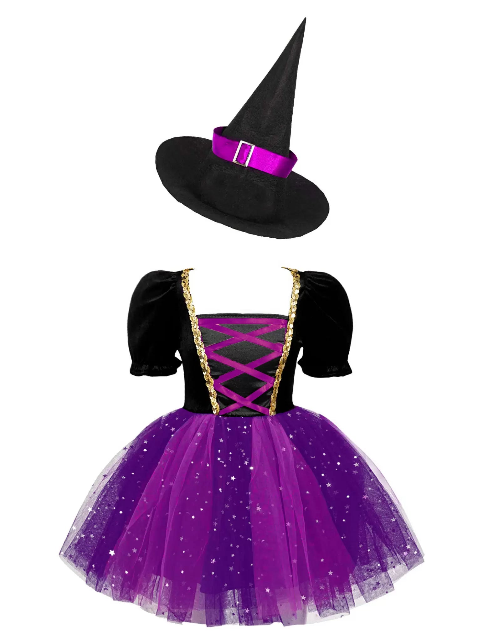 Kids Girls Short Sleeve Sequins Witch Costume Tutu Dress with Hat