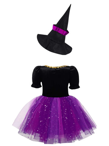 Kids Girls Short Sleeve Sequins Witch Costume Tutu Dress with Hat