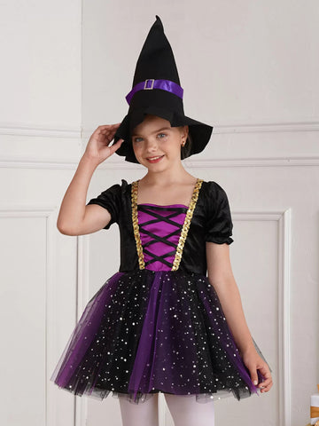 Kids Girls Short Sleeve Sequins Witch Costume Tutu Dress with Hat