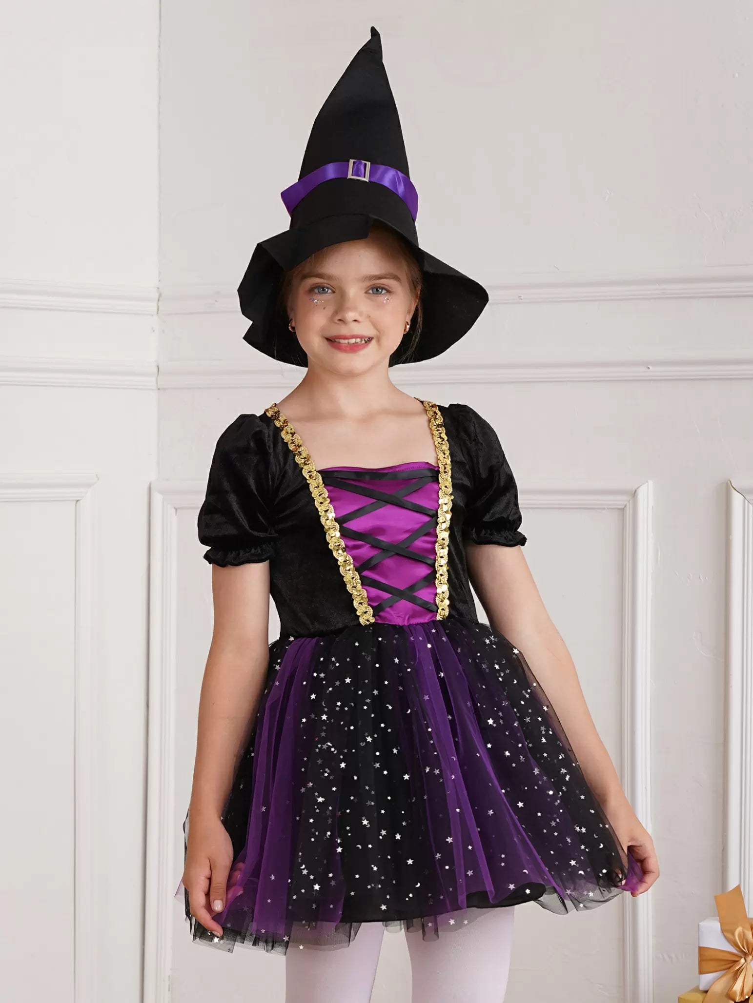 Kids Girls Short Sleeve Sequins Witch Costume Tutu Dress with Hat