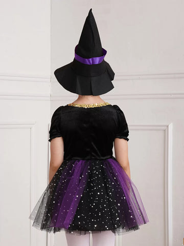 Kids Girls Short Sleeve Sequins Witch Costume Tutu Dress with Hat