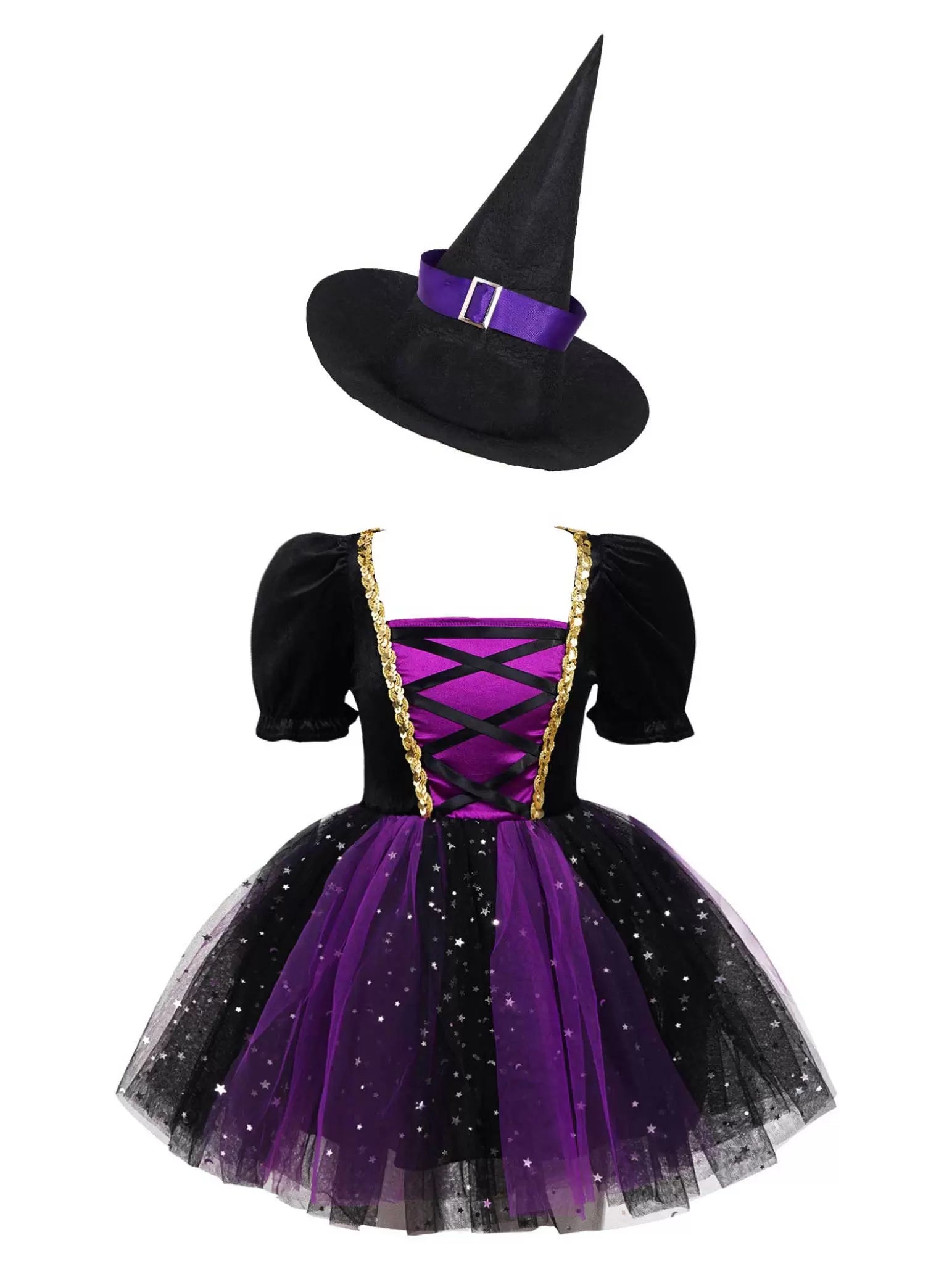 Kids Girls Short Sleeve Sequins Witch Costume Tutu Dress with Hat