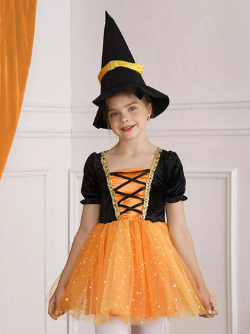 Kids Girls Short Sleeve Sequins Witch Costume Tutu Dress with Hat