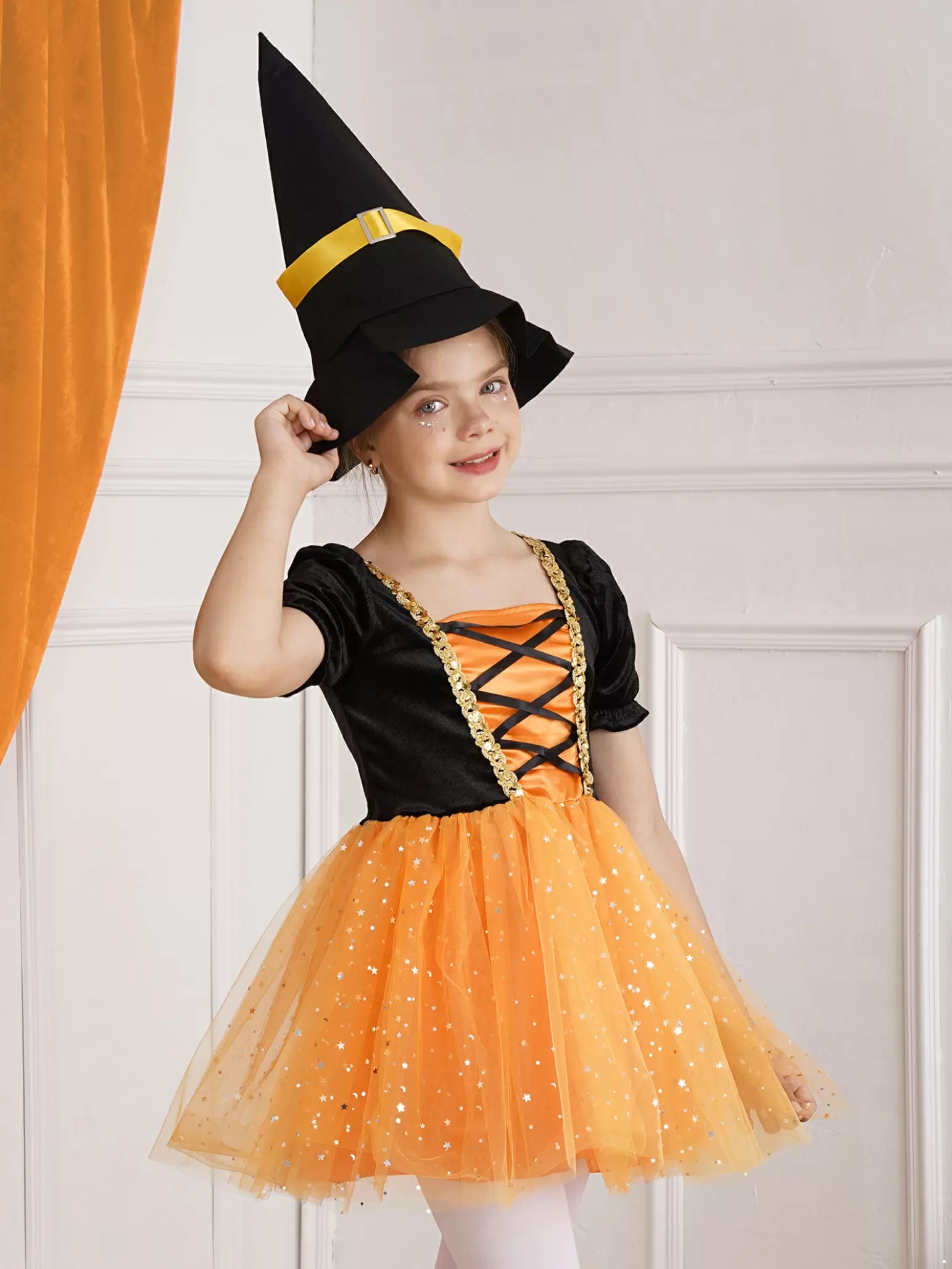 Kids Girls Short Sleeve Sequins Witch Costume Tutu Dress with Hat