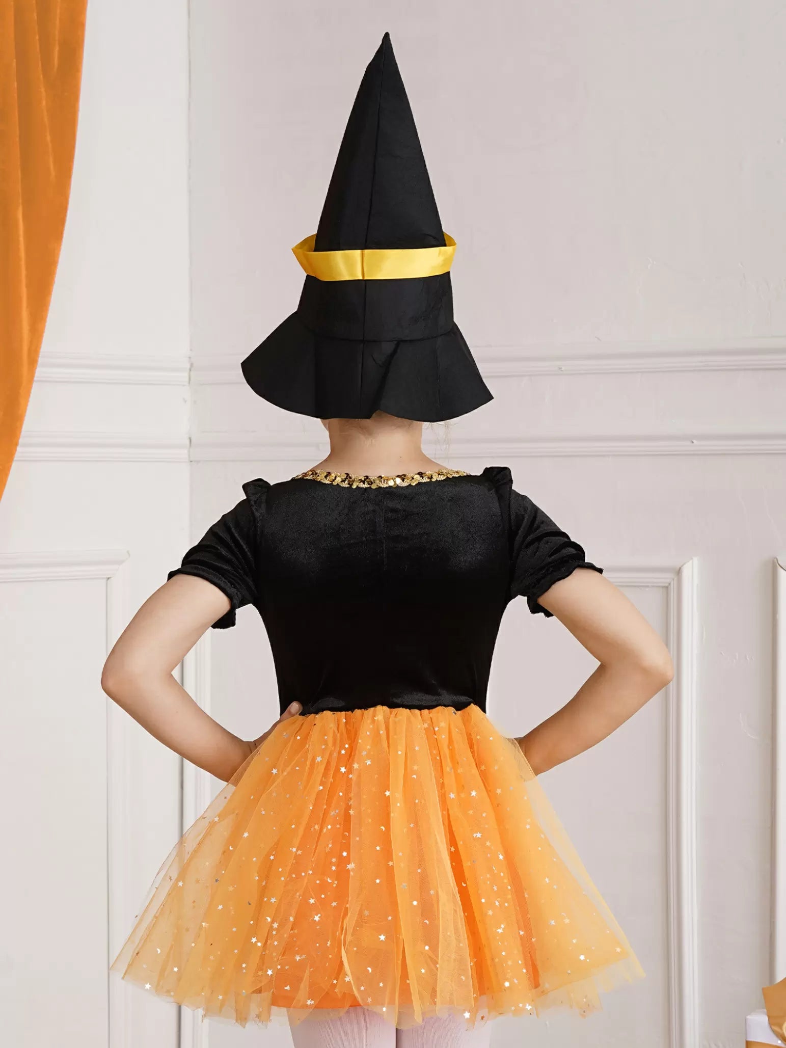 Kids Girls Short Sleeve Sequins Witch Costume Tutu Dress with Hat