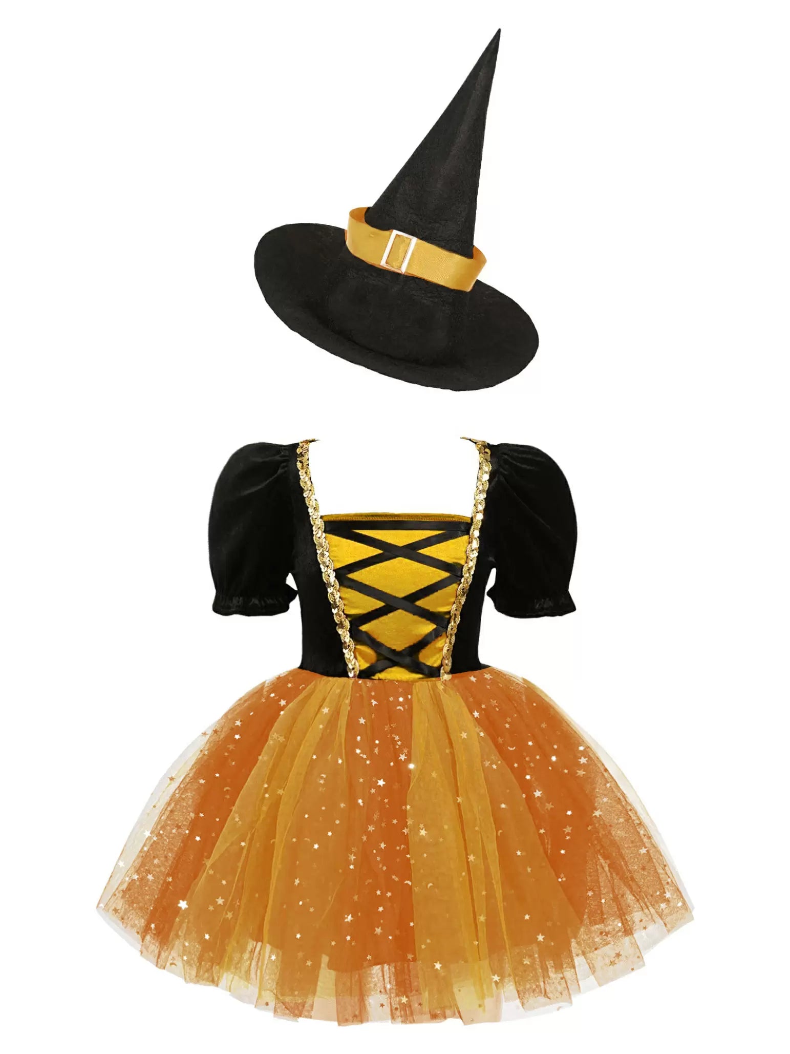 Kids Girls Short Sleeve Sequins Witch Costume Tutu Dress with Hat