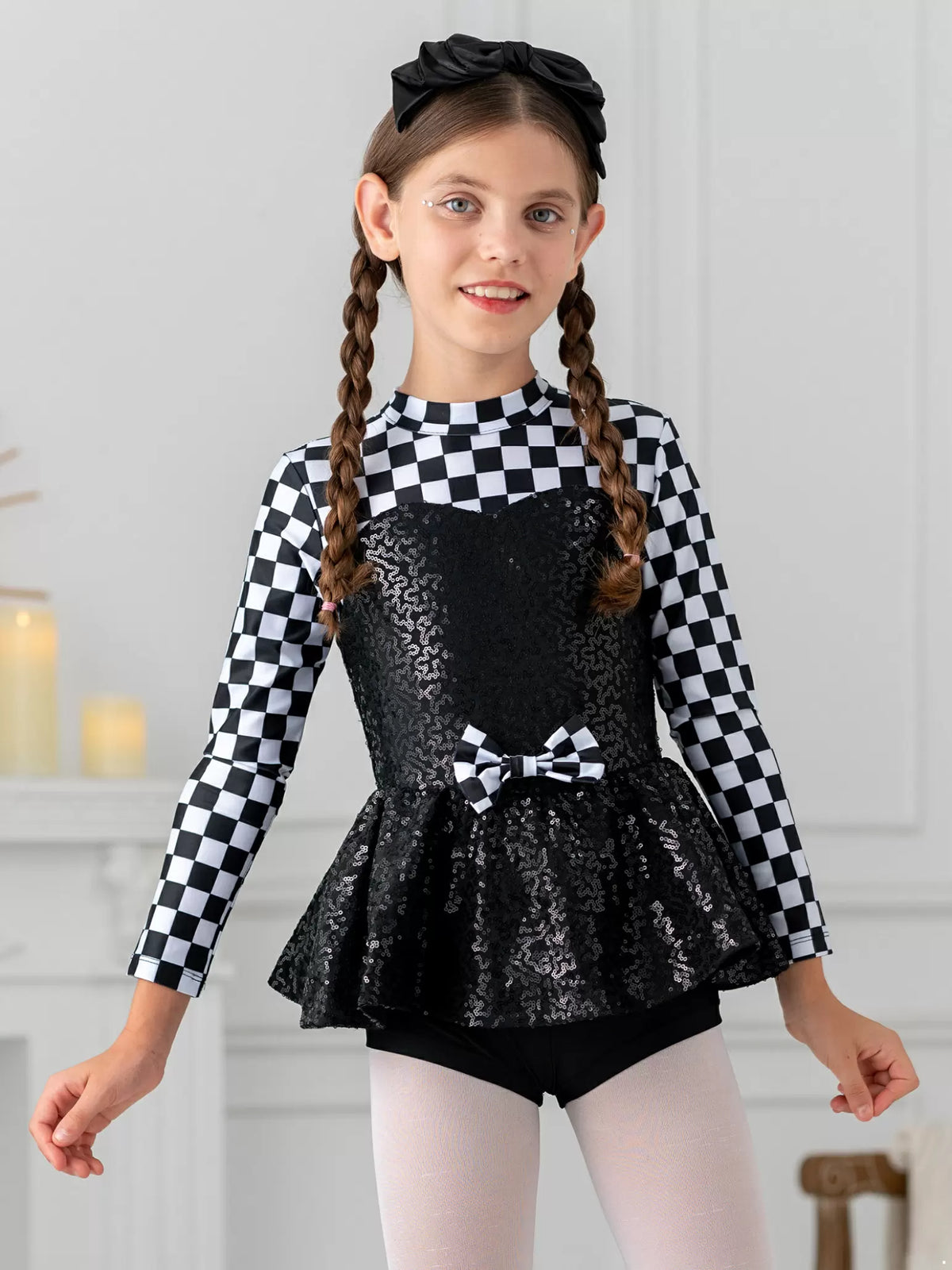 Kids Girls Long Sleeve Sequins Checkerboard Printed Jumpsuit