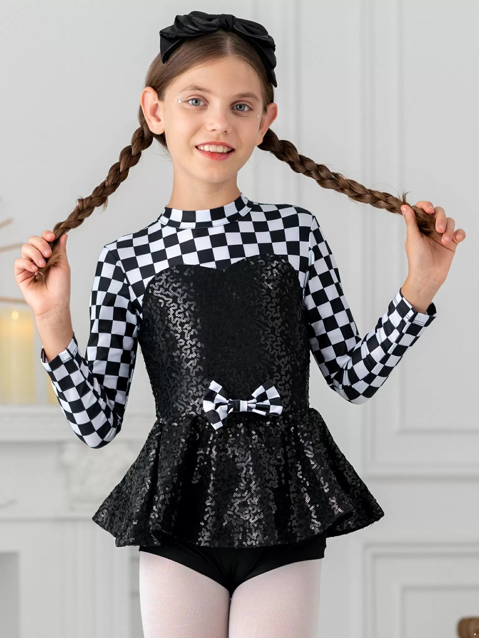 Kids Girls Long Sleeve Sequins Checkerboard Printed Jumpsuit