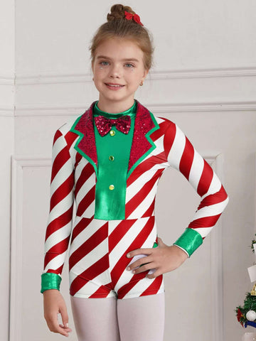 Girls Christmas Candy Cane Costume One Piece Striped Leotard Jumpsuit - TSSOE