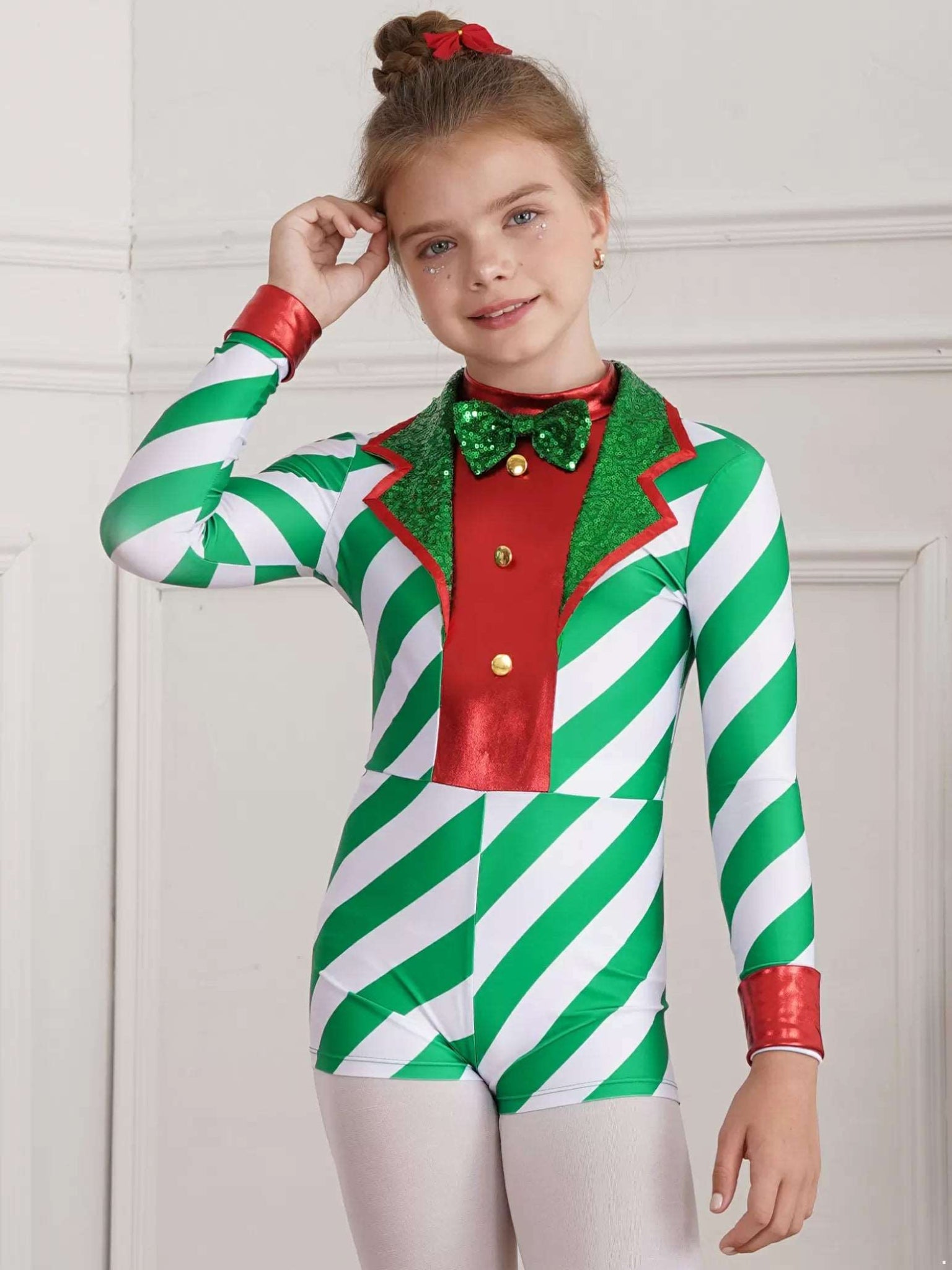 Girls Christmas Candy Cane Costume One Piece Striped Leotard Jumpsuit - TSSOE