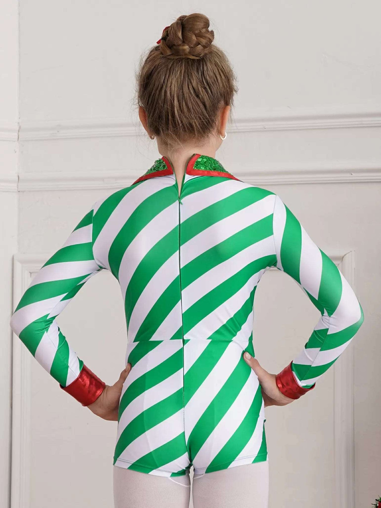 Girls Christmas Candy Cane Costume One Piece Striped Leotard Jumpsuit - TSSOE