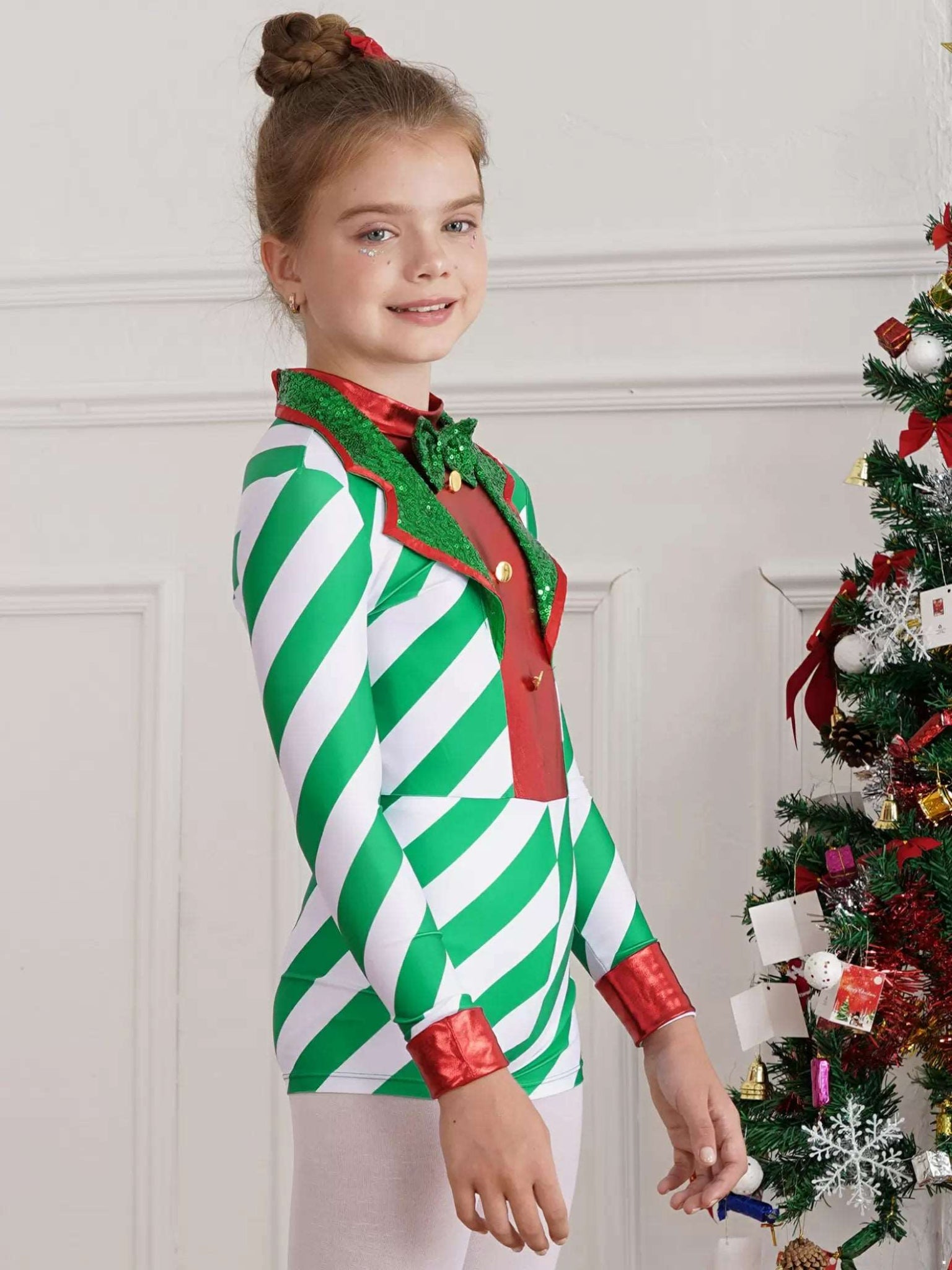 Girls Christmas Candy Cane Costume One Piece Striped Leotard Jumpsuit - TSSOE