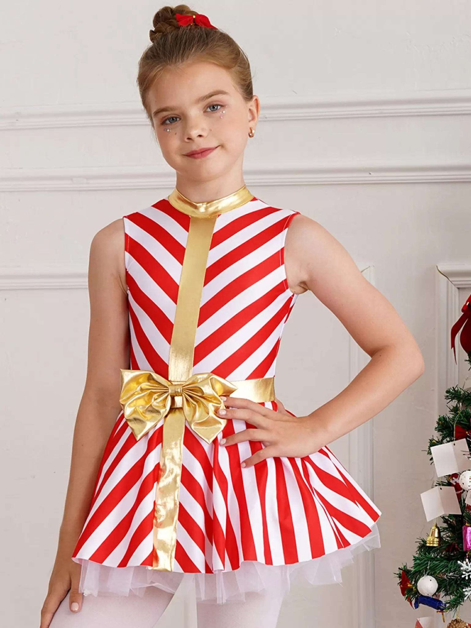 Girls Christmas Candy Cane Costume Xmas Dance Stage Performance Dress - TSSOE