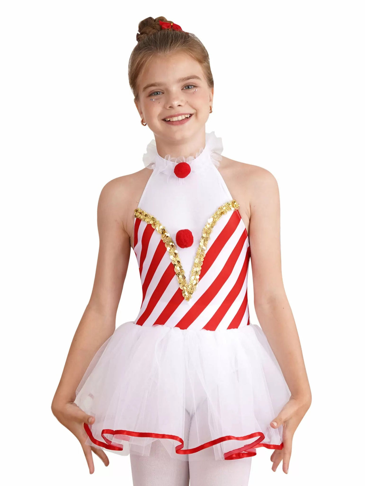 Girls Christmas Costume Candy Cane Striped Tutu Dress Leotatd - TSSOE