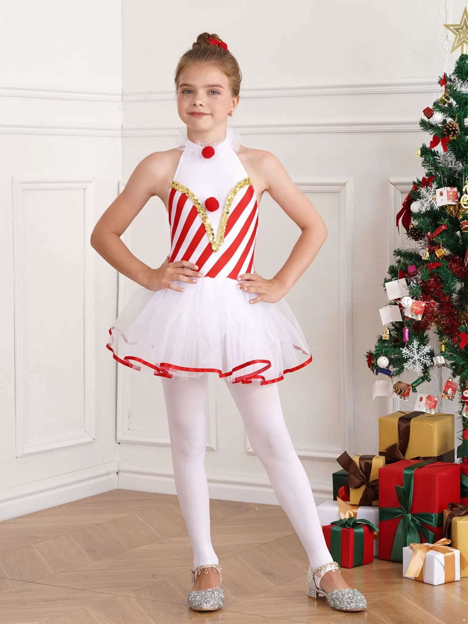 Girls Christmas Costume Candy Cane Striped Tutu Dress Leotatd - TSSOE