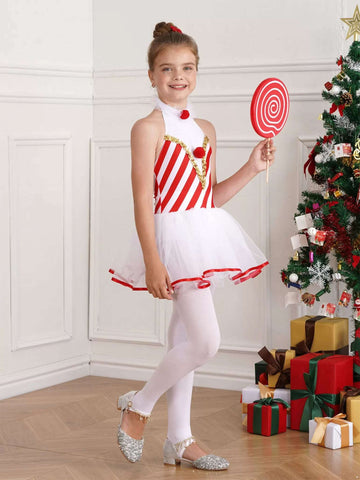 Girls Christmas Costume Candy Cane Striped Tutu Dress Leotatd - TSSOE