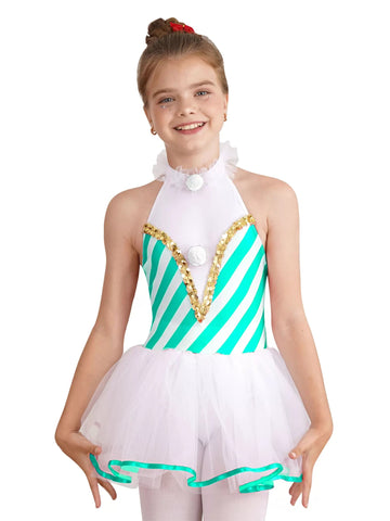 Girls Christmas Costume Candy Cane Striped Tutu Dress Leotatd - TSSOE