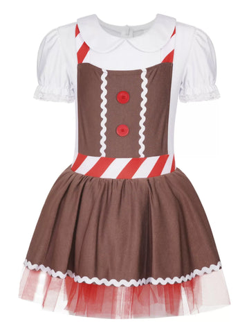 Girls Christmas Gingerbread Man Costume Suspenders Apron Tutu Dress - TSSOE