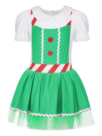 Girls Christmas Gingerbread Man Costume Suspenders Apron Tutu Dress - TSSOE