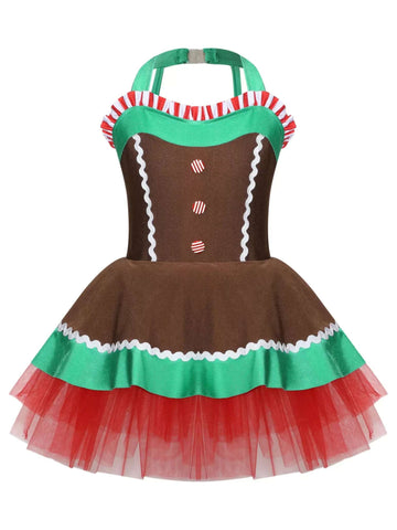 Girls Christmas Gingerbread Man Costume Xmas Dance Tutu Dress - TSSOE