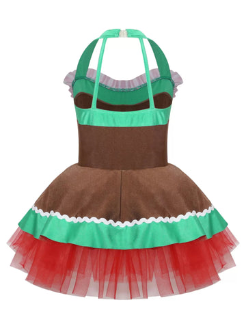 Girls Christmas Gingerbread Man Costume Xmas Dance Tutu Dress - TSSOE