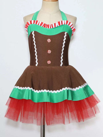 Girls Christmas Gingerbread Man Costume Xmas Dance Tutu Dress - TSSOE