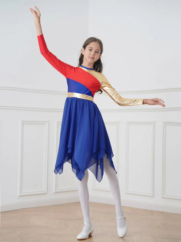 Girls Long Sleeve Liturgical Praise Dance Dress Church Worship Costume - TSSOE