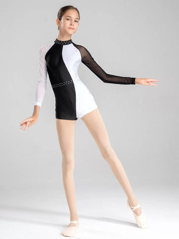 Girls Long Sleeve Rhinestone Dance Gymnastic Leotard Biketard Jumpsuit - TSSOE