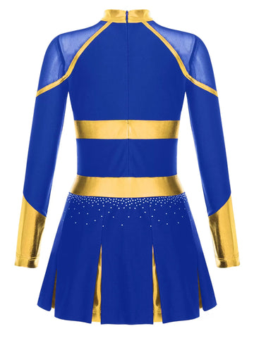 Girls Long Sleeve Rhinestones Colorblock Cheerlead Dance Dress - TSSOE