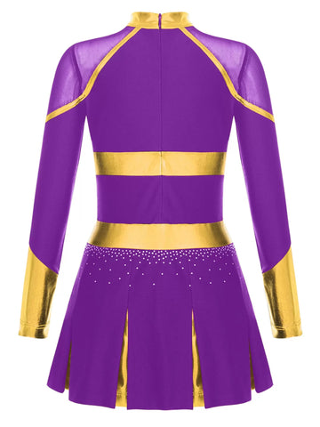 Girls Long Sleeve Rhinestones Colorblock Cheerlead Dance Dress - TSSOE