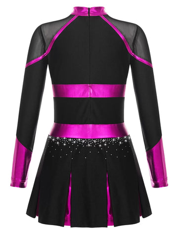 Girls Long Sleeve Rhinestones Colorblock Cheerlead Dance Dress - TSSOE