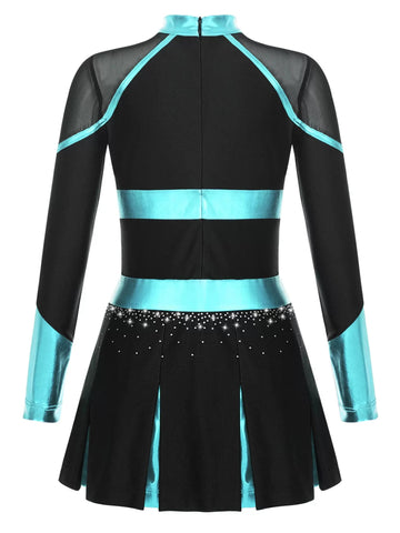 Girls Long Sleeve Rhinestones Colorblock Cheerlead Dance Dress - TSSOE