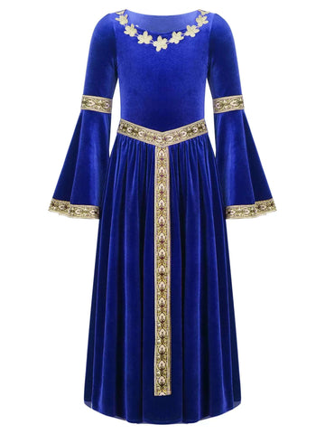 Girls Medieval Princess Costume Velvet Long Maxi Victorian Dress - TSSOE