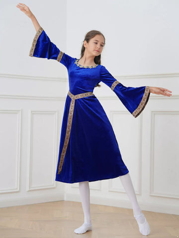 Girls Medieval Princess Costume Velvet Long Maxi Victorian Dress - TSSOE