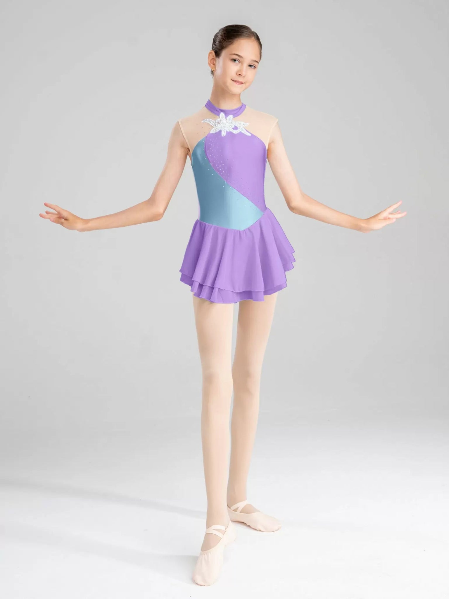 Girls Rhinestone Color Block Figure Ice Skating Gymnastic Dance Dress - TSSOE