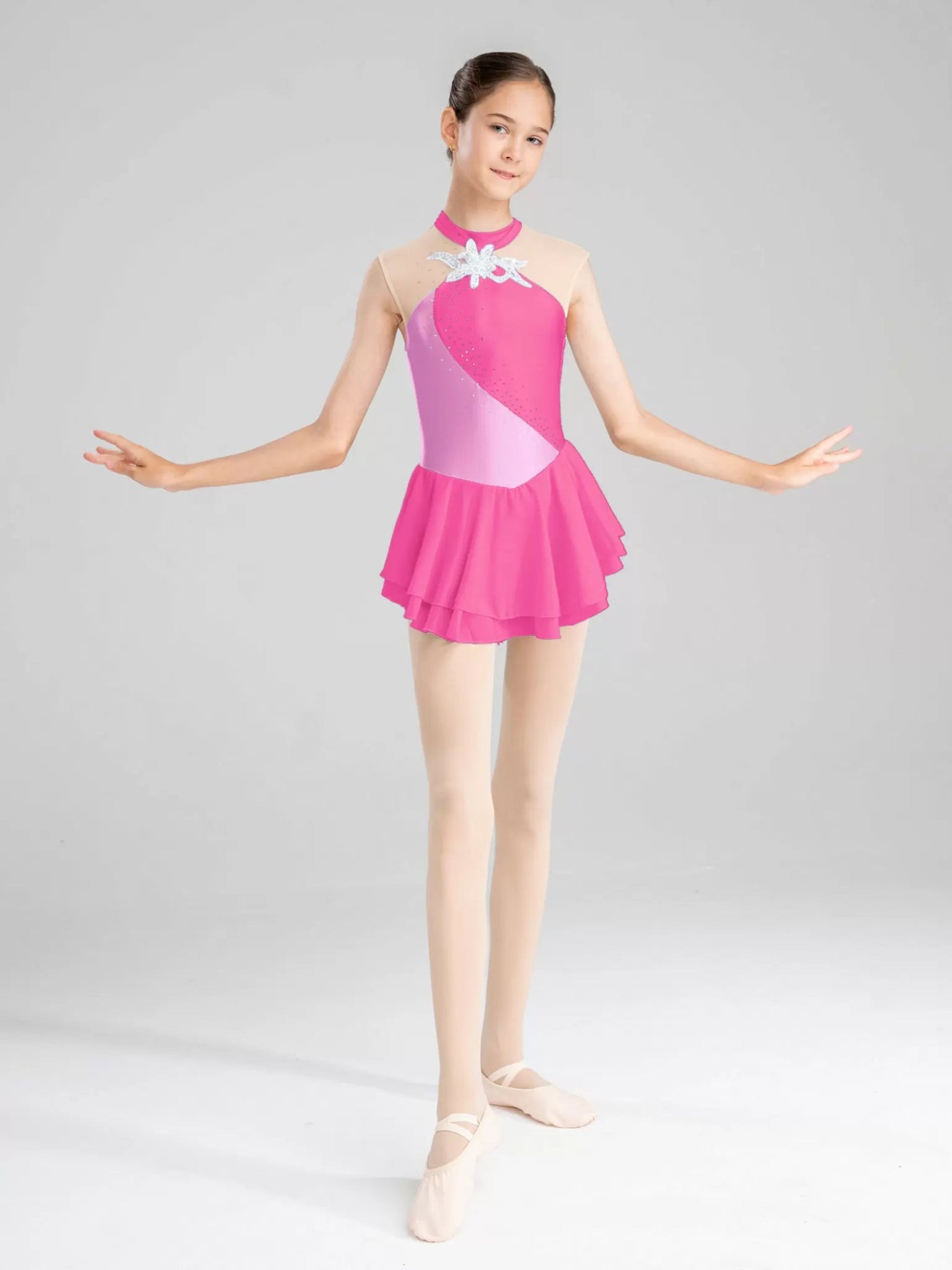 Girls Rhinestone Color Block Figure Ice Skating Gymnastic Dance Dress - TSSOE