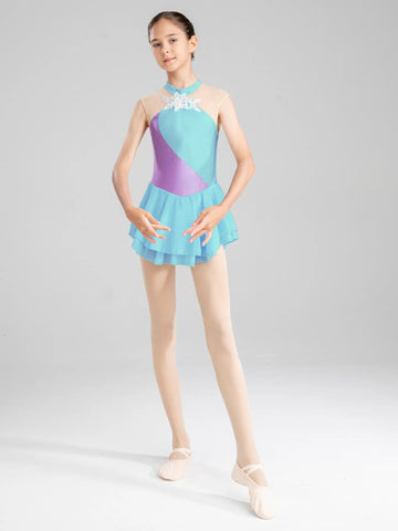 Girls Rhinestone Color Block Figure Ice Skating Gymnastic Dance Dress - TSSOE