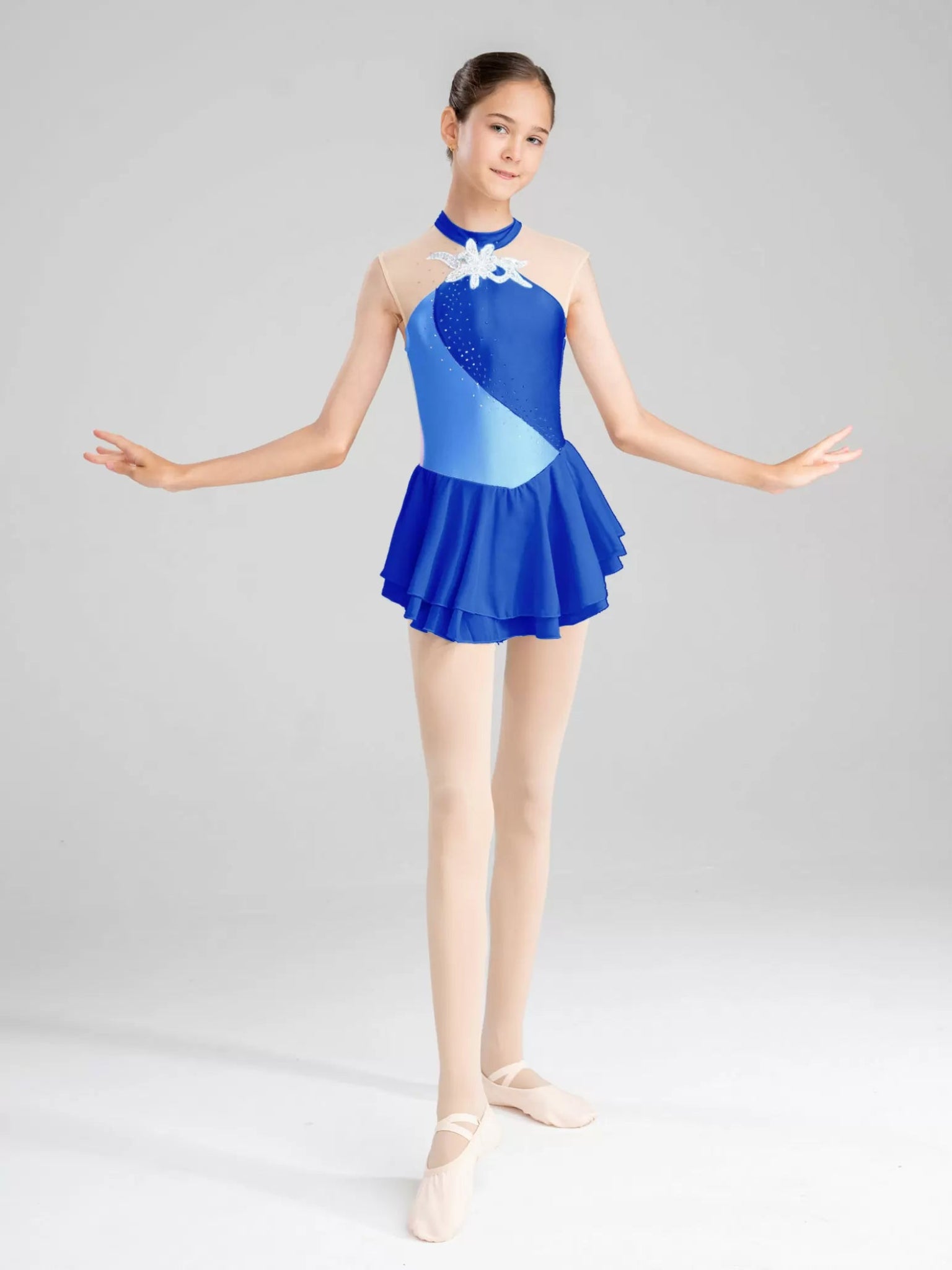 Girls Rhinestone Color Block Figure Ice Skating Gymnastic Dance Dress - TSSOE