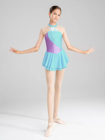 Girls Rhinestone Color Block Figure Ice Skating Gymnastic Dance Dress - TSSOE