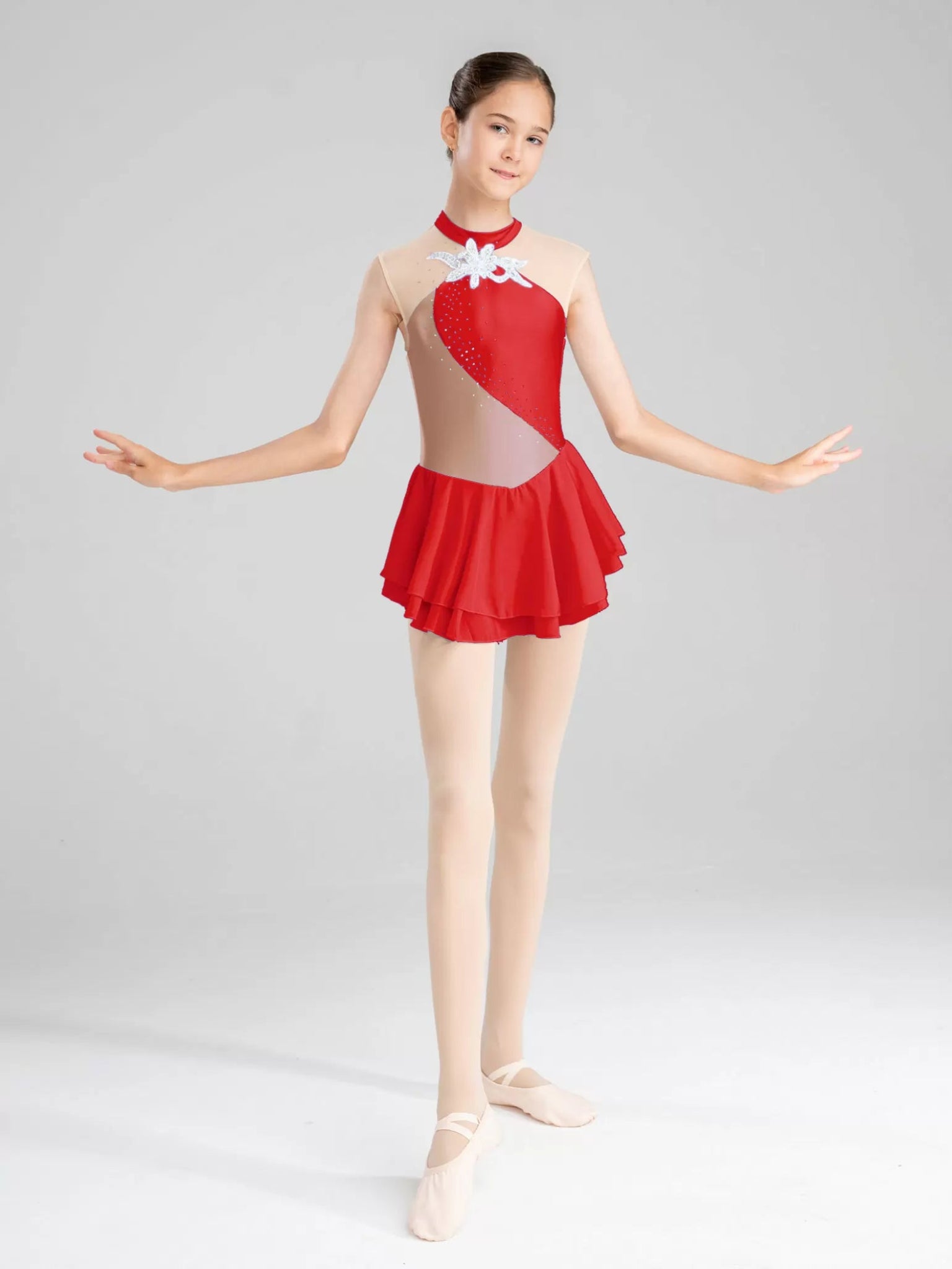 Girls Rhinestone Color Block Figure Ice Skating Gymnastic Dance Dress - TSSOE