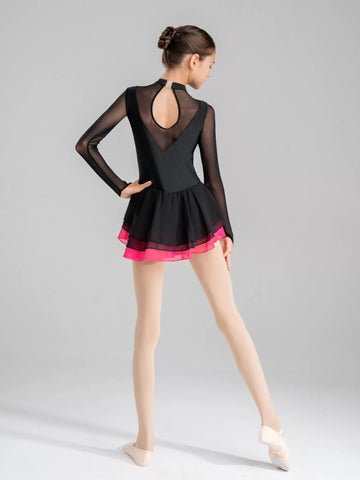 Girls Rhinestone Long Sleeve Figure Skating Dance Dress Competition - TSSOE