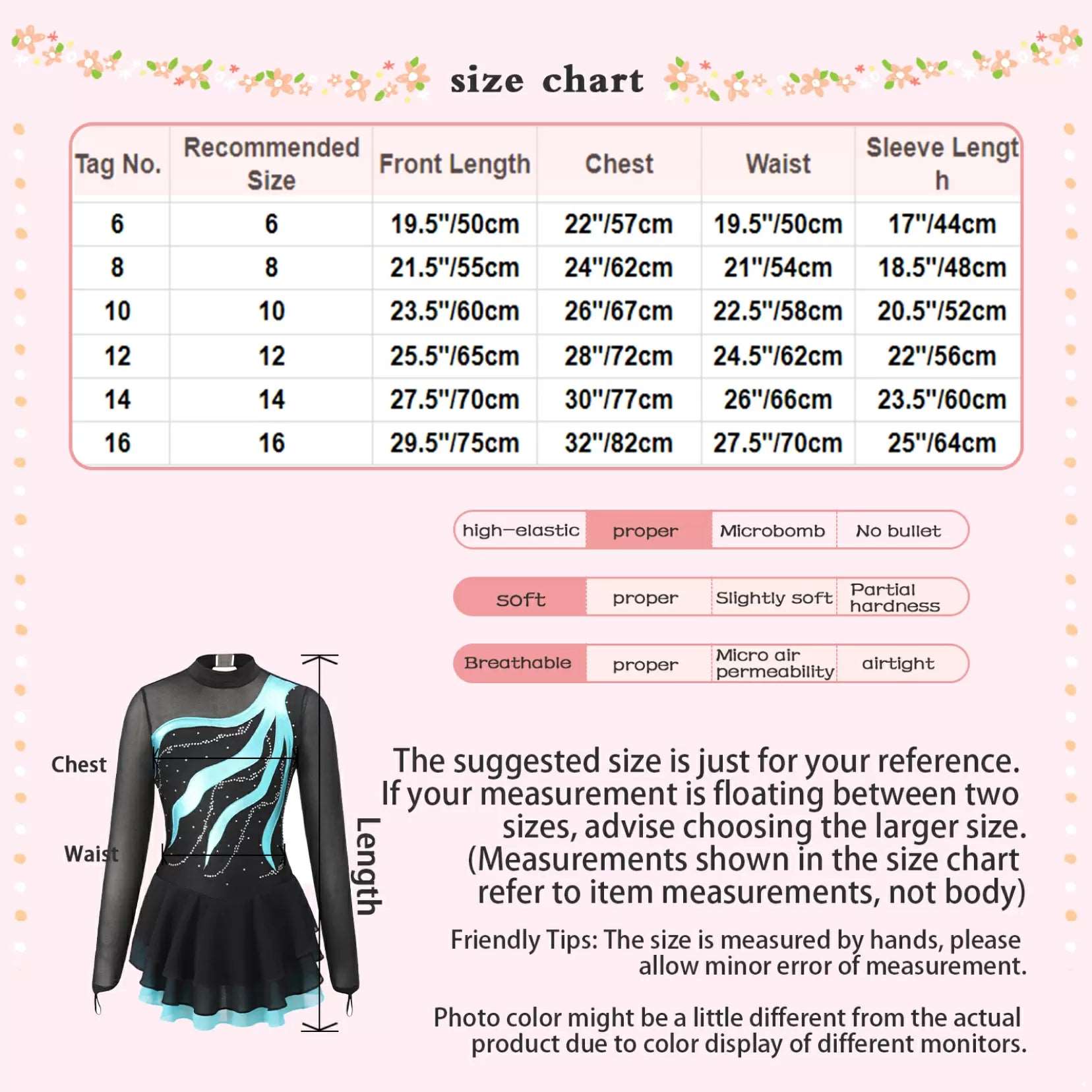 Girls Rhinestone Long Sleeve Figure Skating Dance Dress Competition - TSSOE