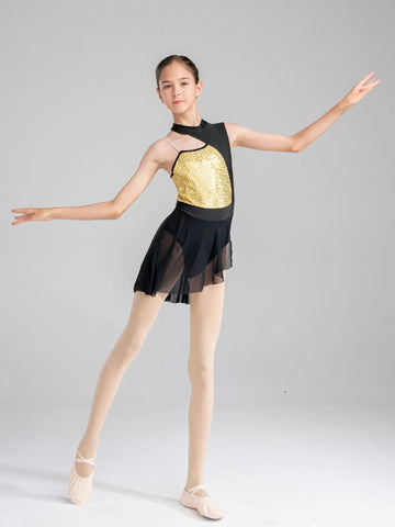 Girls Sequin Off Shoulder Sleeveless Lyrical Contemporary Dance Dress - TSSOE